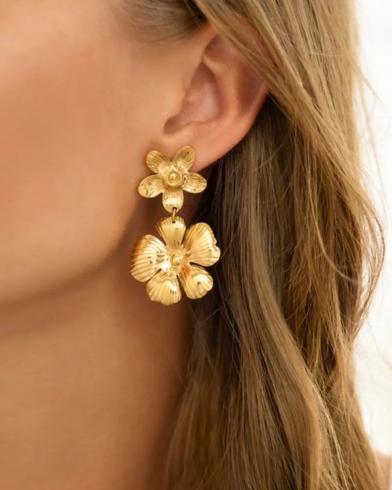 Finaste Bloem oorbellen dubbel goudkleurig Outlet