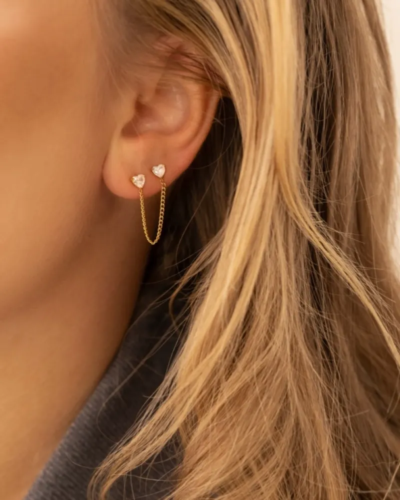 Finaste Dubbele ketting oorbel met hartjes goudkleurig New