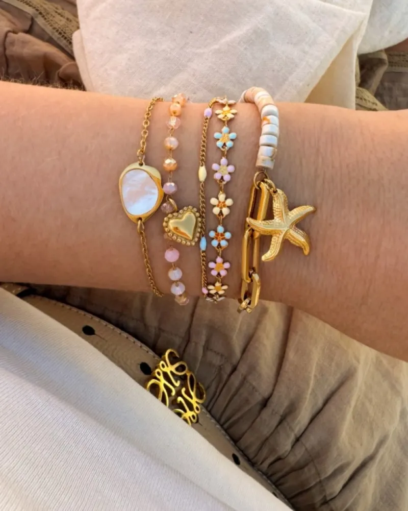 Finaste Gekleurde chain armband met zeester goudkleurig Fashion