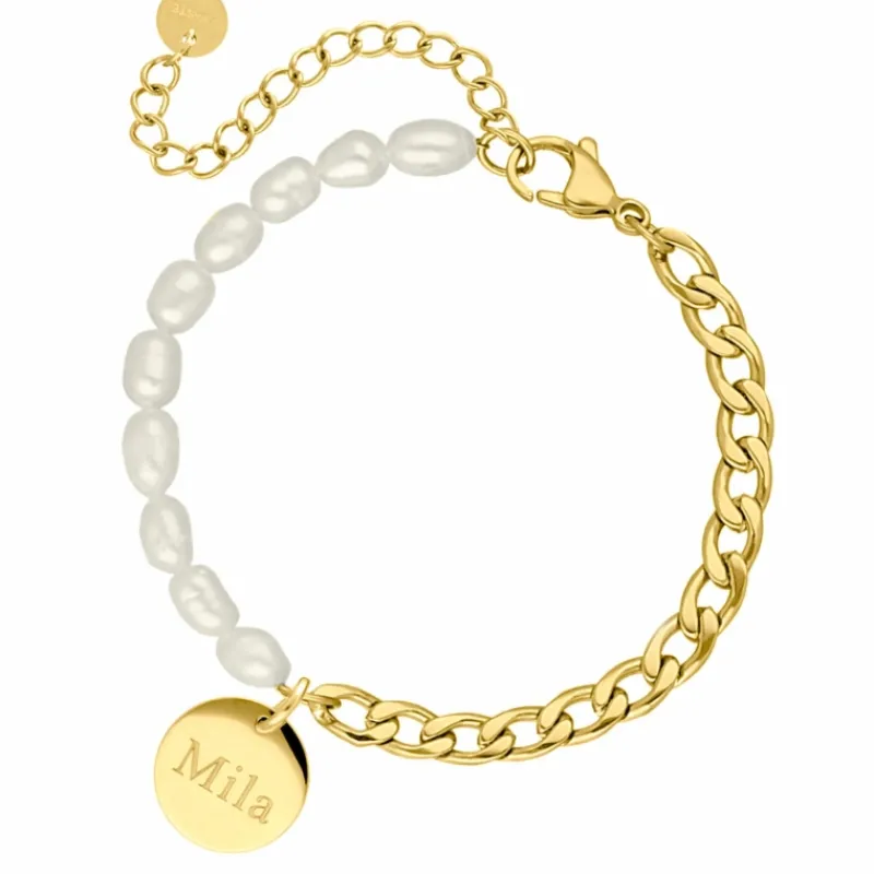 Finaste Graveerbare Armband Chain & Pearl kleur goud Hot