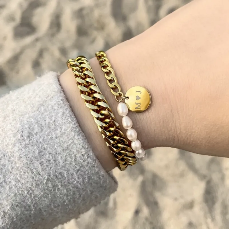 Finaste Graveerbare Armband Chain & Pearl kleur goud Hot