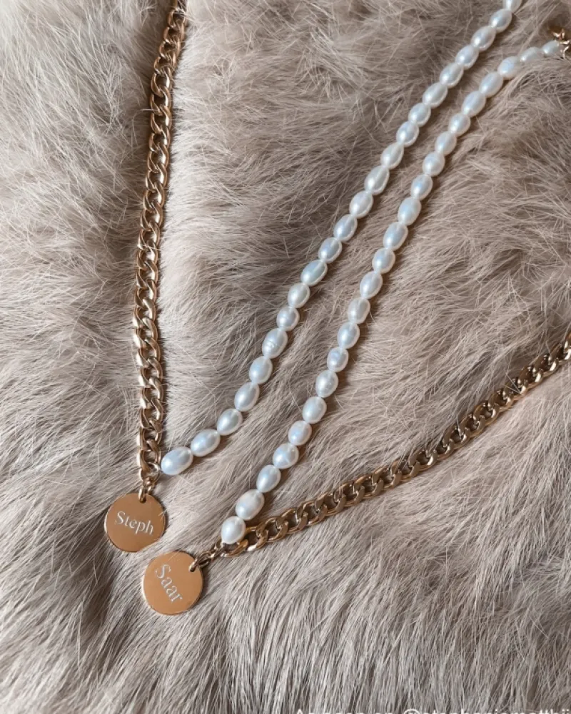 Finaste Graveerbare Ketting Chain & Pearl kleur goud Best