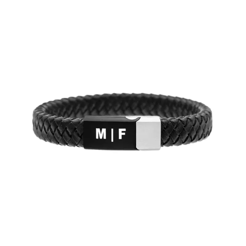 Finaste Graveerbare leren mannen armband zwart & zilverkleurig Outlet