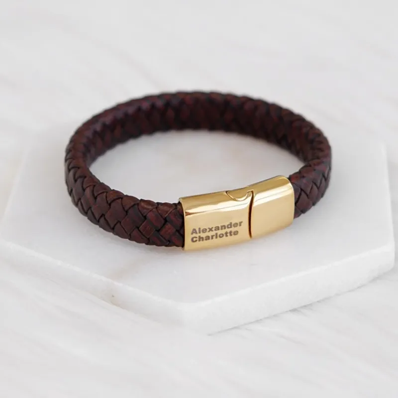 Finaste Graveerbare leren mannen armband bruin goud kleurig Sale