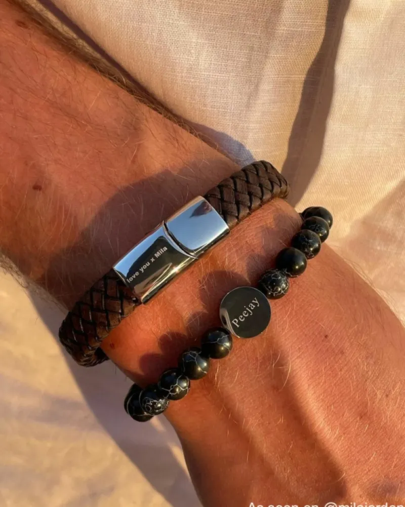 Finaste Heren armband graveren zwart marmer Fashion