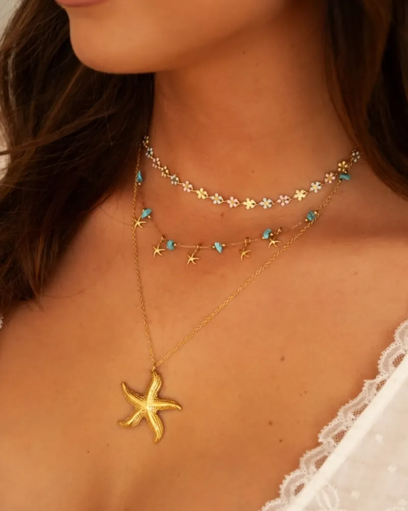 Finaste Ketting met zeesterren turquoise goudkleurig Sale