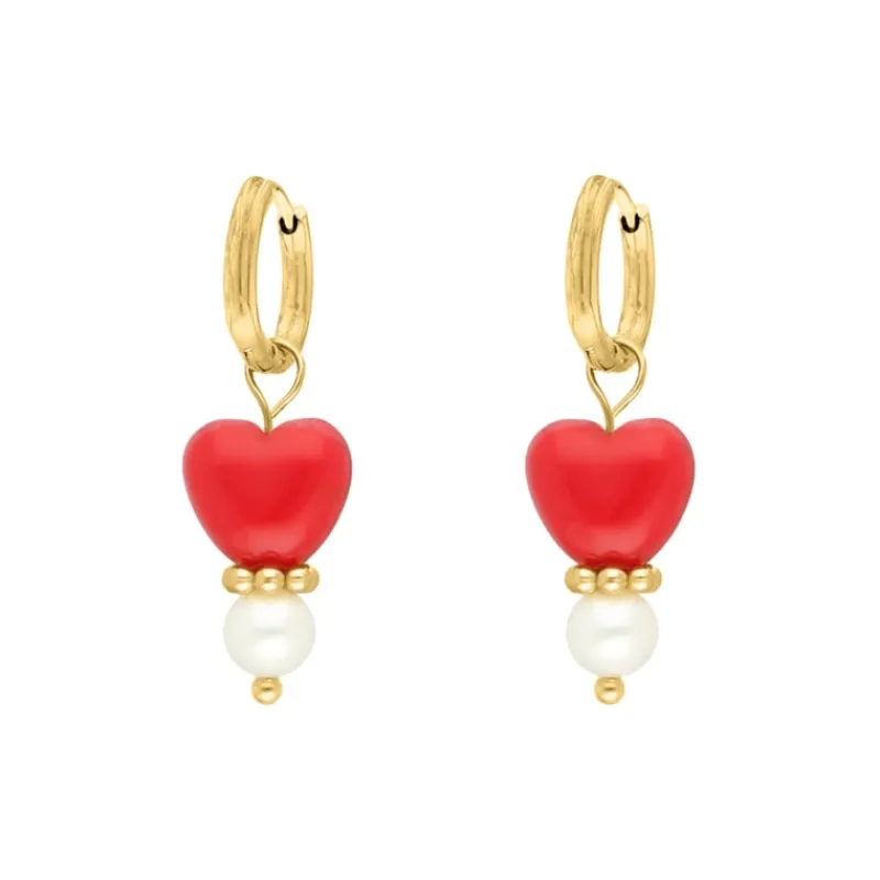 Finaste Red heart & pearl earrings goudkleurig Best