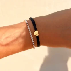 Finaste Zwarte satin heart armband met initials verguld New